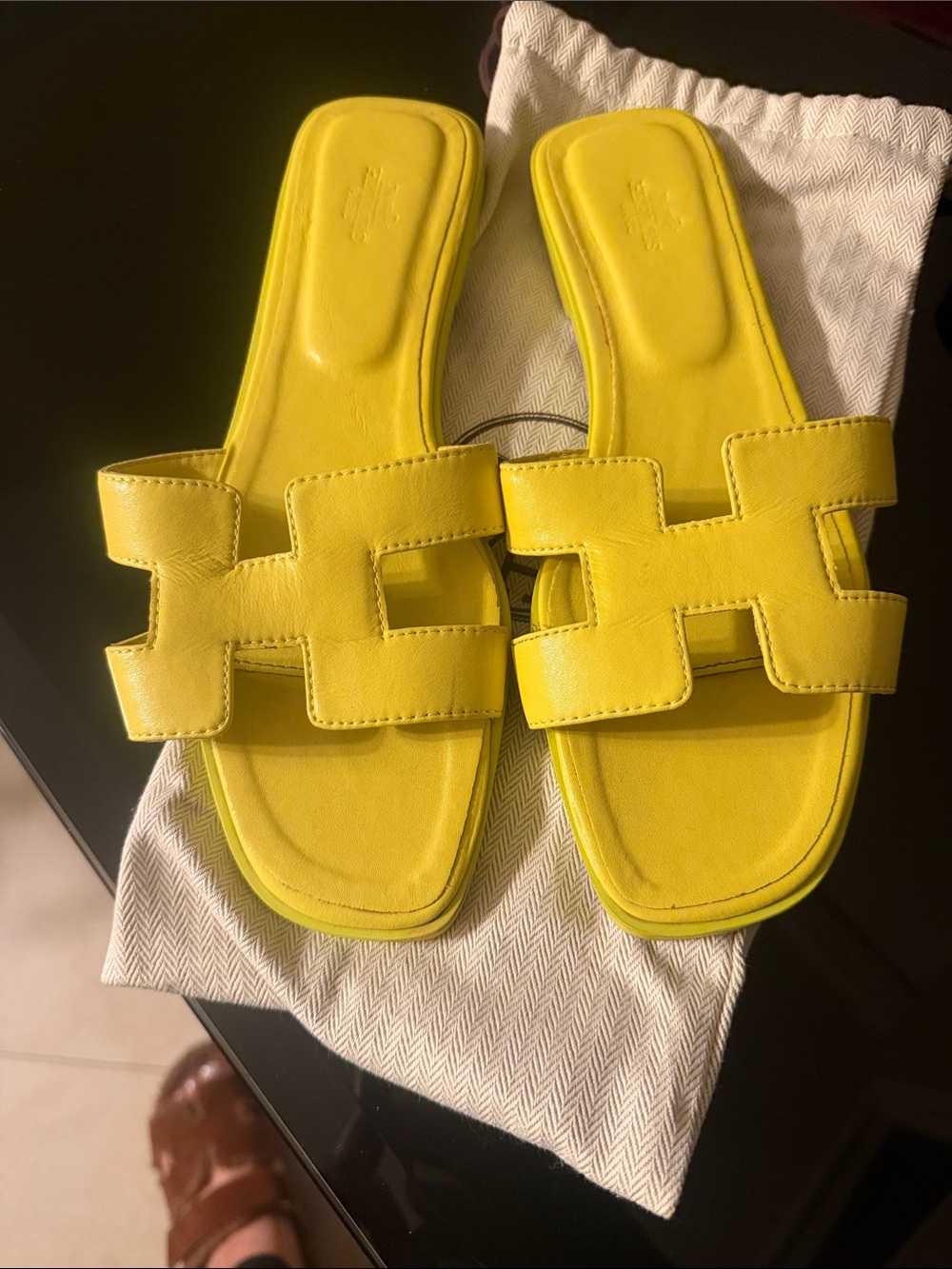 Hermes Yellow Leather Oran Slide Sandals